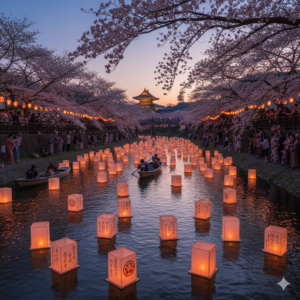 Das Bld zeigt Laternen, die auf einem Wasser schwimmen.