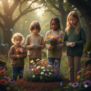 Vier Kinder unterschiedlichen Alters stehen vor eiunem Grab, das mit Blumen geschmückt ist.