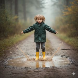 Ein vierjähriges Kund springt in eine Pfütze